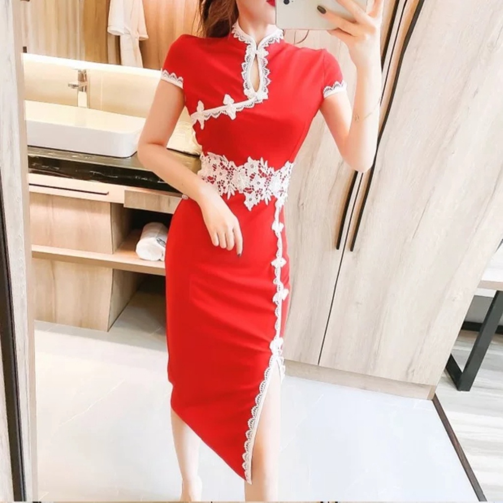 Dress Cheongsam Wanita - Party CNY Dress Wanita Lengan pendek import #4890