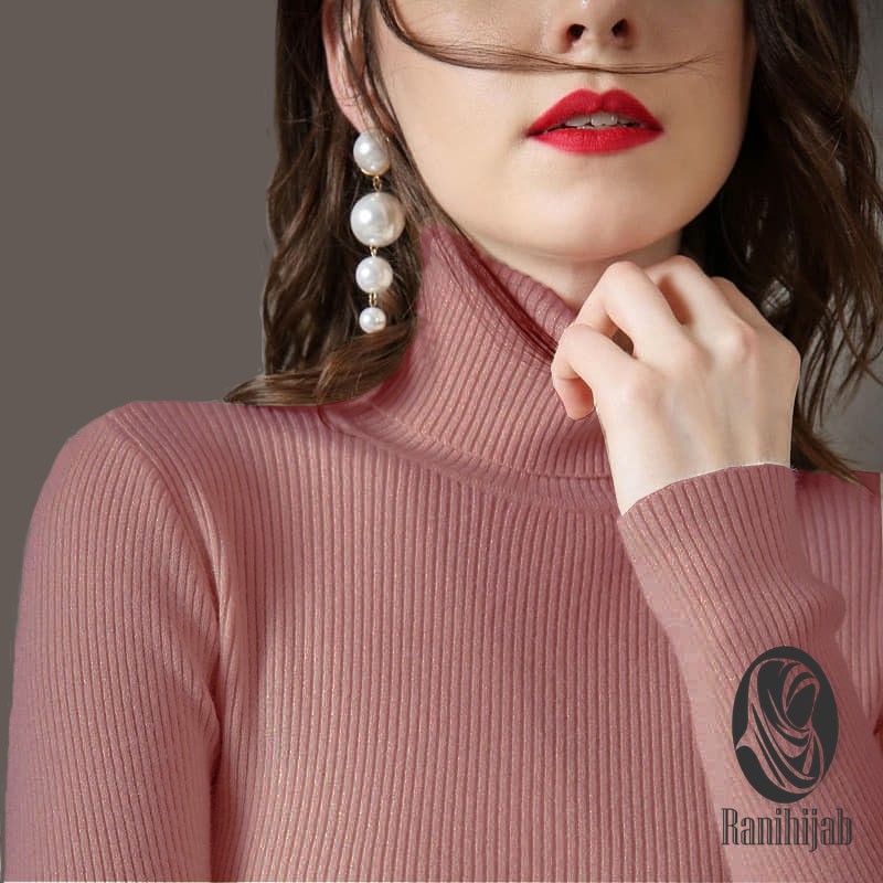 Sweater rajut wanita korea style RH - atasan rajut wanita - baju rajut wanita lengan panjang kerah tinggi motif salur turtleneck
