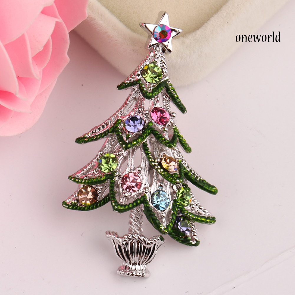 OW@ Vintage Women Rhinestone Inlaid Christmas Tree Brooch Pin Lapel Clip Xmas Gift