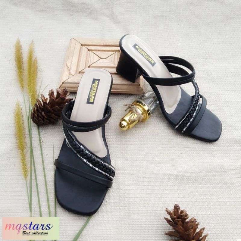 Sandal Hak Tahu Tali Kepang Mutiara/Chunky Heels 5Cm