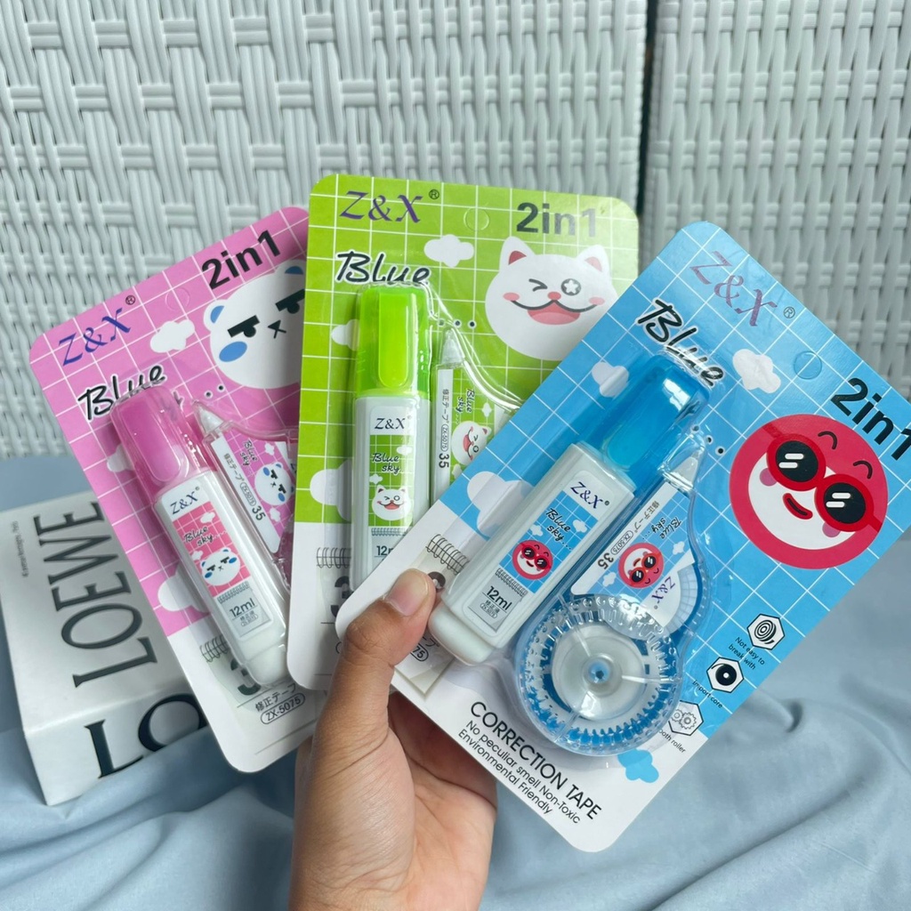 CORRECTION TAPE 2 IN 1 PAKET TIP EX ROLL + TIPEX CAIR COMPACT TERMURAH TIP-EX LUCU READY 3 WARNA KUALITAS IMPORT TERBAIK READY GROSIR DAN COD