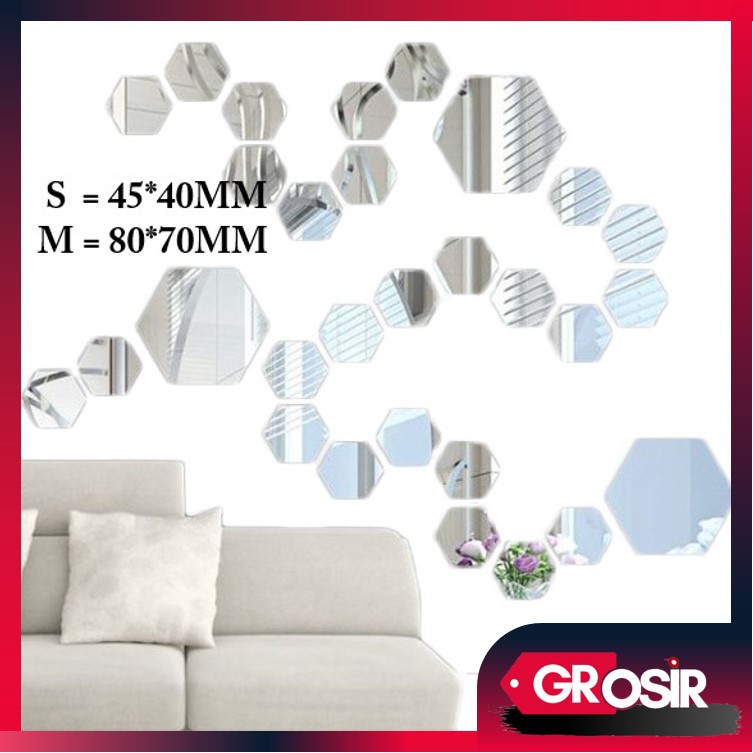 Grosir - 831 (12PCS) Kaca Cermin Segi Enam / Cermin Hexagonal / Cermin Dinding / Stiker Cermin