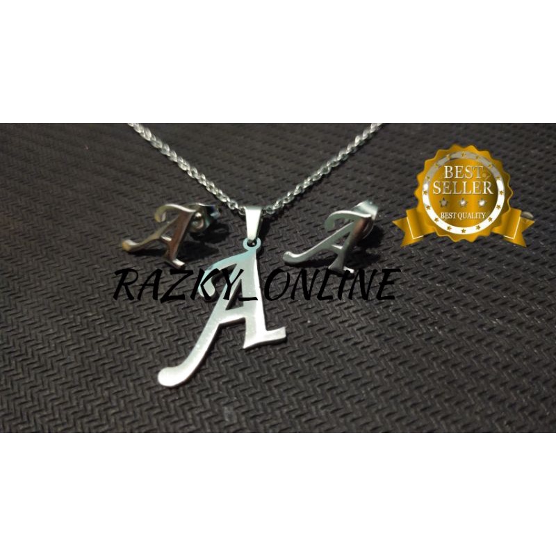 Kalung Liontin Plus Anting Huruf Titanium Silver Anti Karat Tidak Luntur Perhiasan Wanita Dewasa