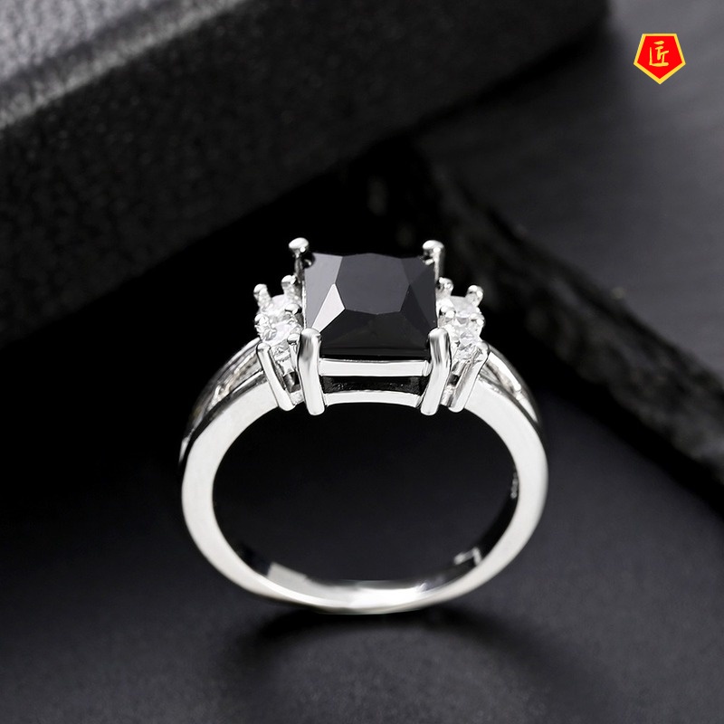 [Ready Stock]Simple Korean Style Platinum Square Colored Gems Ring