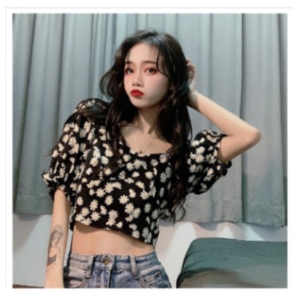 Nicole Daisy Crop top/Blus Sabrina Wanita Lengan Puff Motif Bunga Daisy Gaya Korea Blouse Wanita