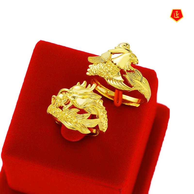 [Ready Stock]3D Golden Dragon and Phoenix Couple Ring Refined Grace