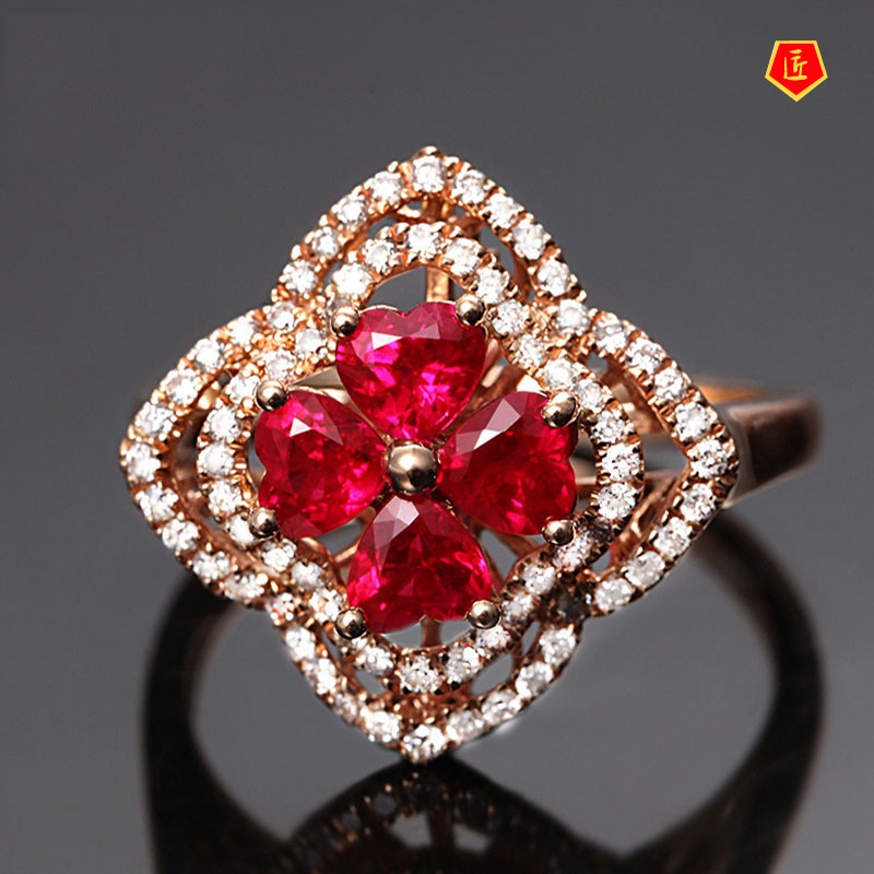 [Ready Stock]Elegant Personality Rose Gold Ruby Flower Ring