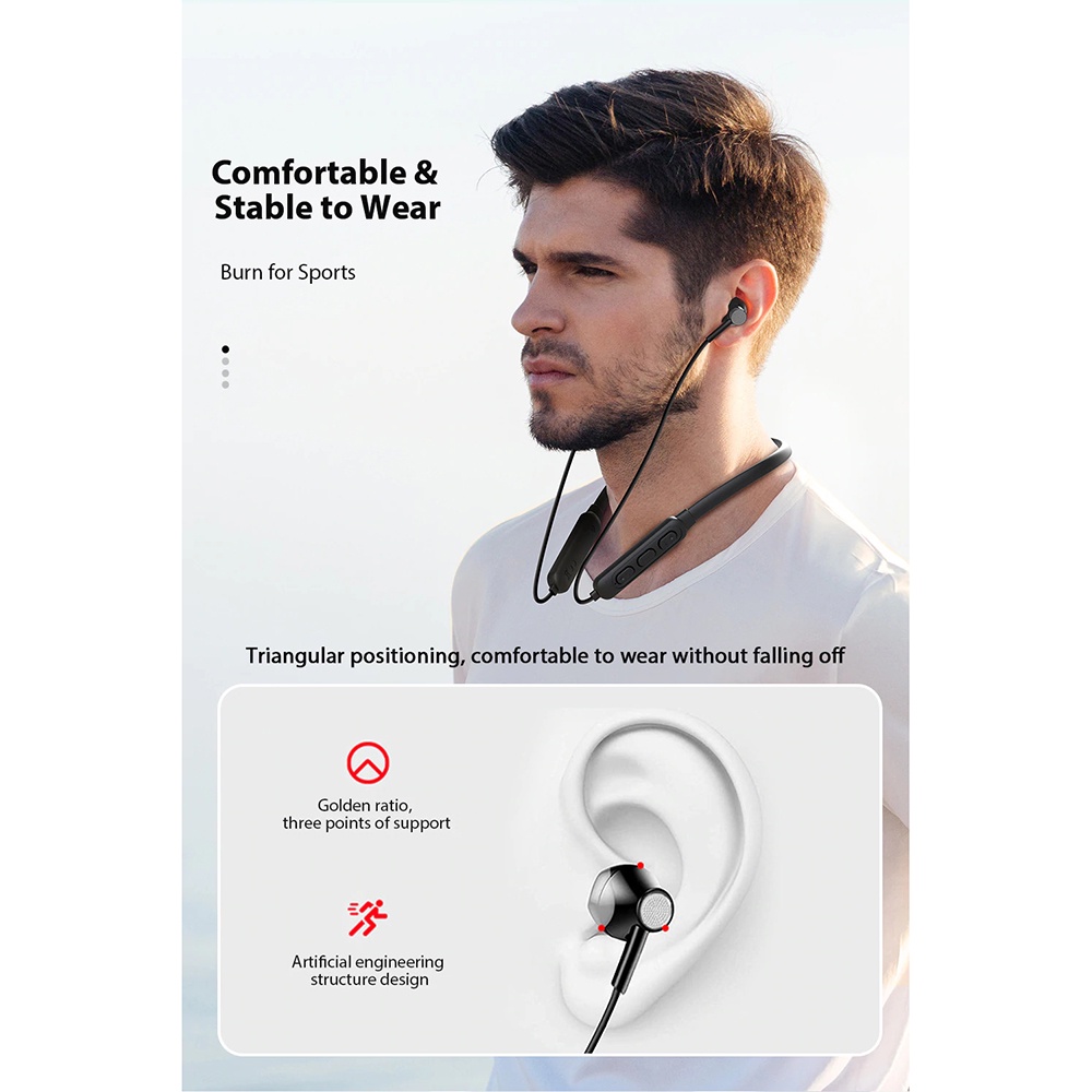 Earphone Leher Neckband Bluetooth 5.0 Sweatproof Microphone WSH0537