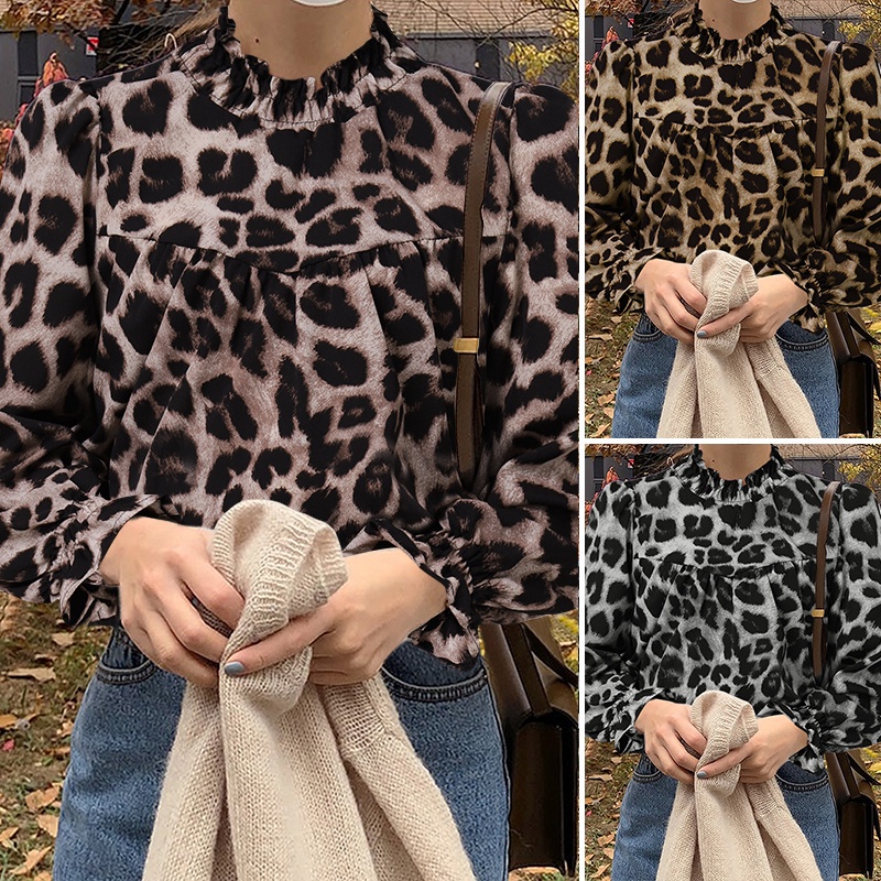 ZANZEA Womens Vintage Full Sleeve Leopard Print Loose Casual Blouse