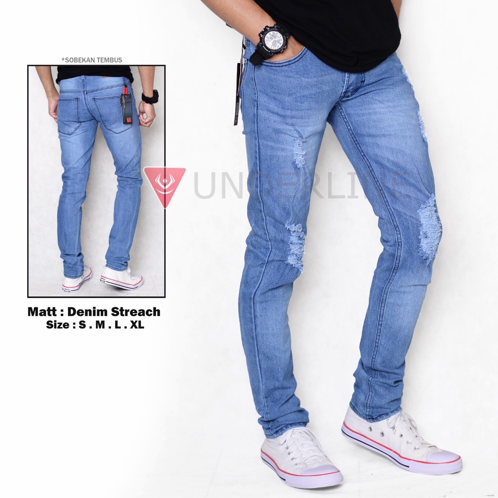 Celana Jeans Pria Sobek Lutut - 2 RIPPED - S, M, L, & XL - Biru Terang - Celana Jeans Ripped Lois Je