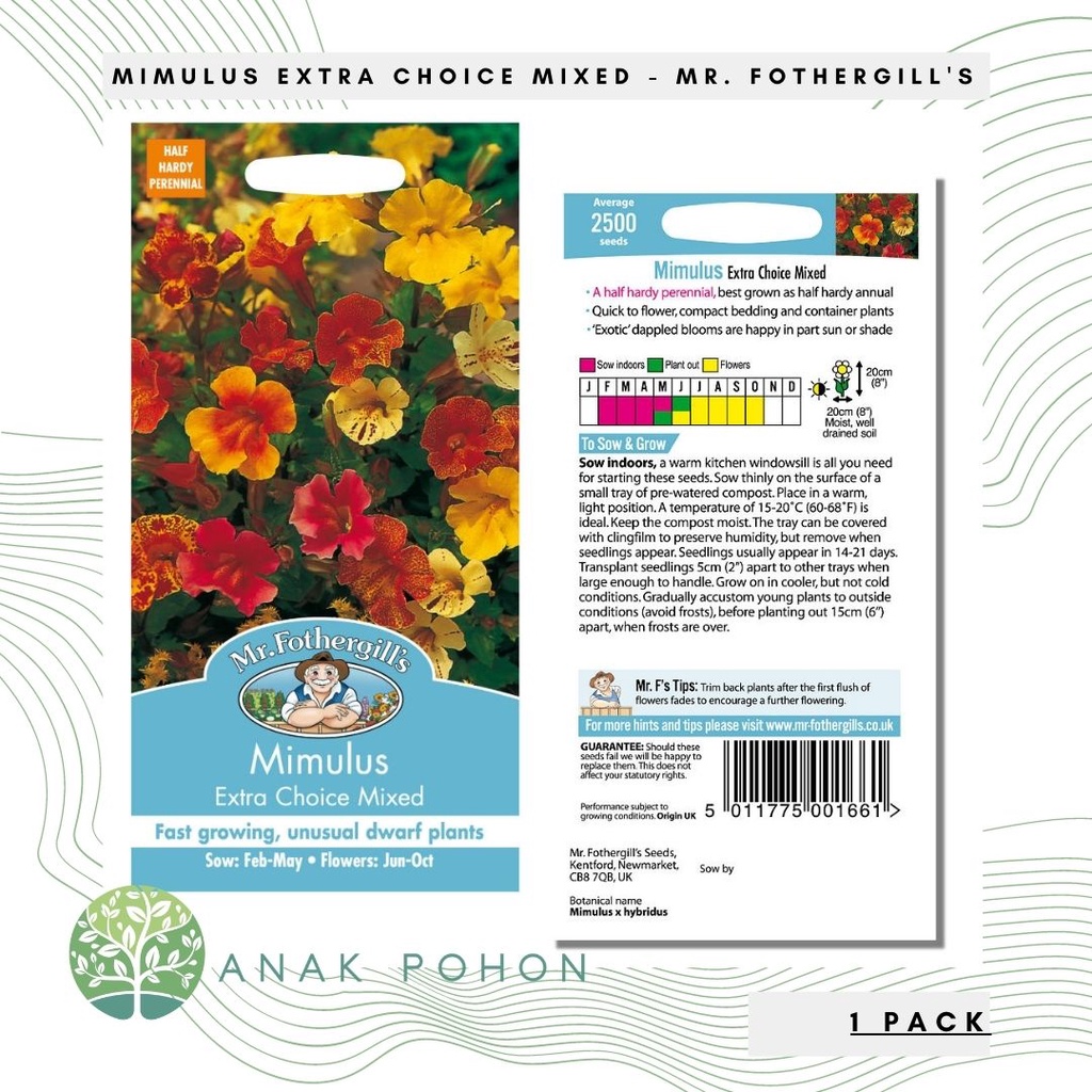 (1 PACK) Benih Mimulus Extra Choice Mixed Seeds - Mr. Fothergill's - 2500 Biji