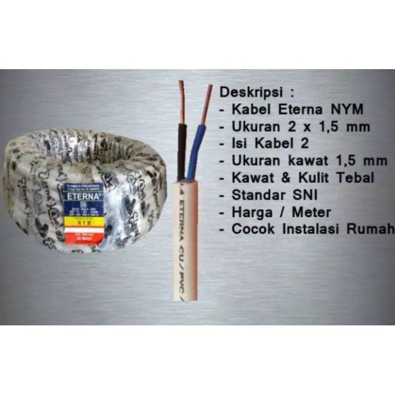 Kabel Eterna Listrik 2x1,5 mm KAWAT Tembaga Murni (Permeter/Ecer)