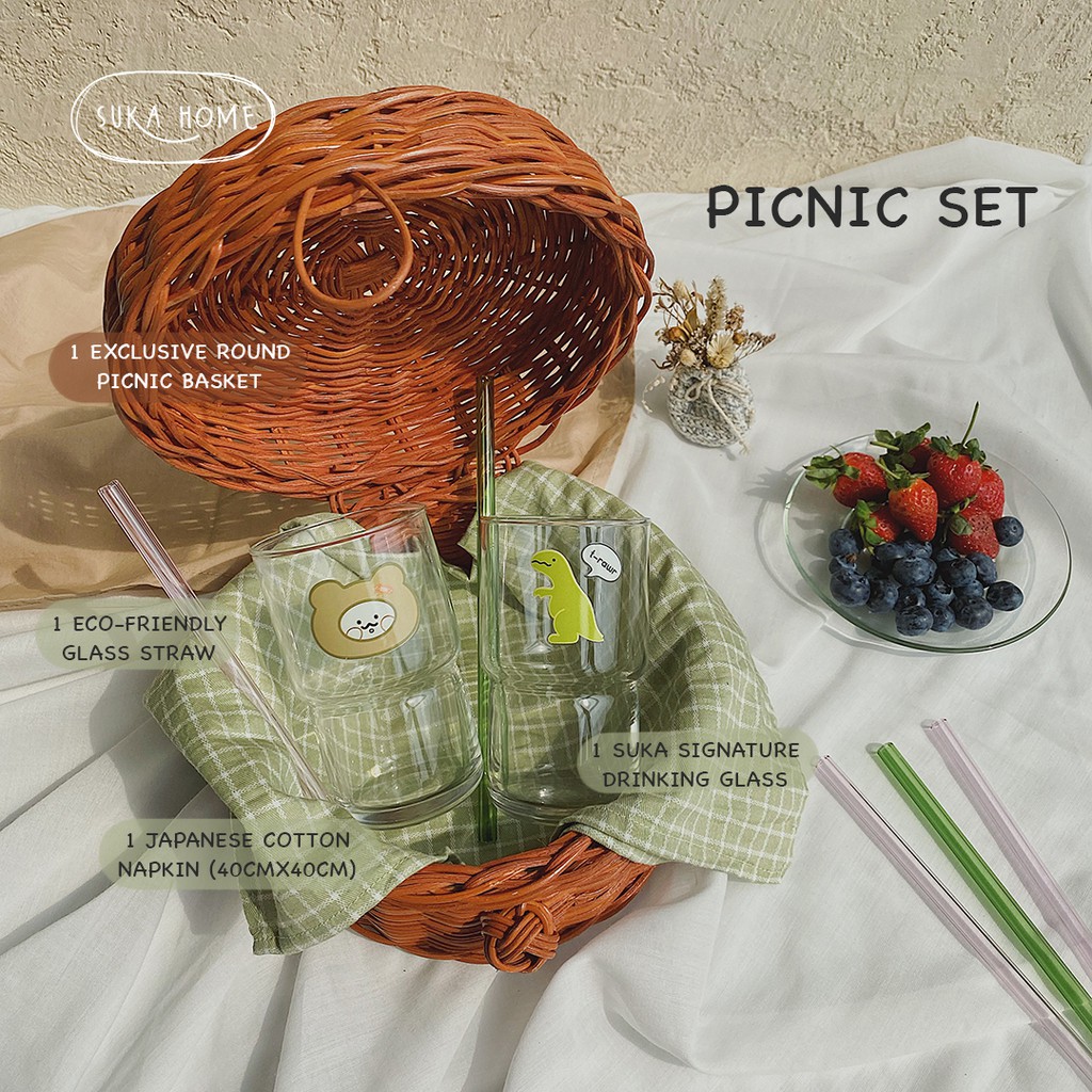 Gelas Cup Silinder Korea + Sedotan Kaca + Napkin [Picnic Set] Keranjang Piknik Eksklusif