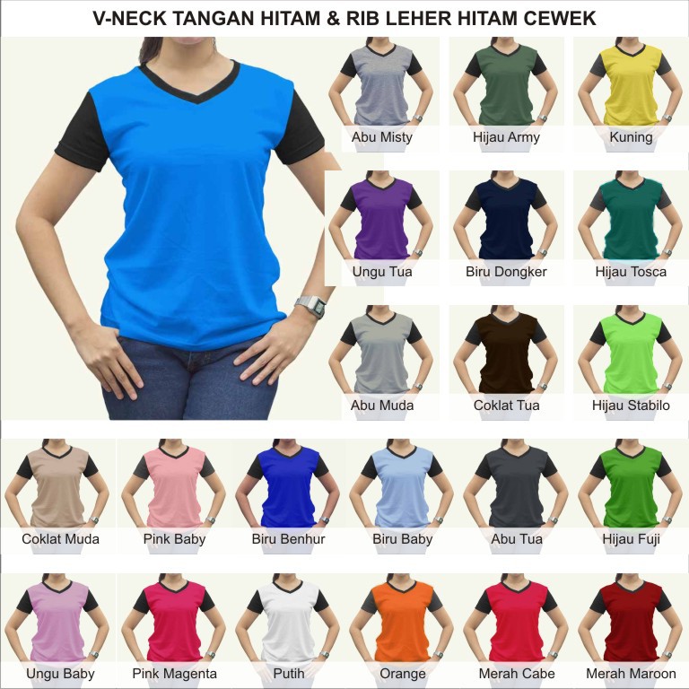 Tshirt / Kaos Polos Vneck Wanita / Cewek Rib, Tangan &amp; Leher Hitam