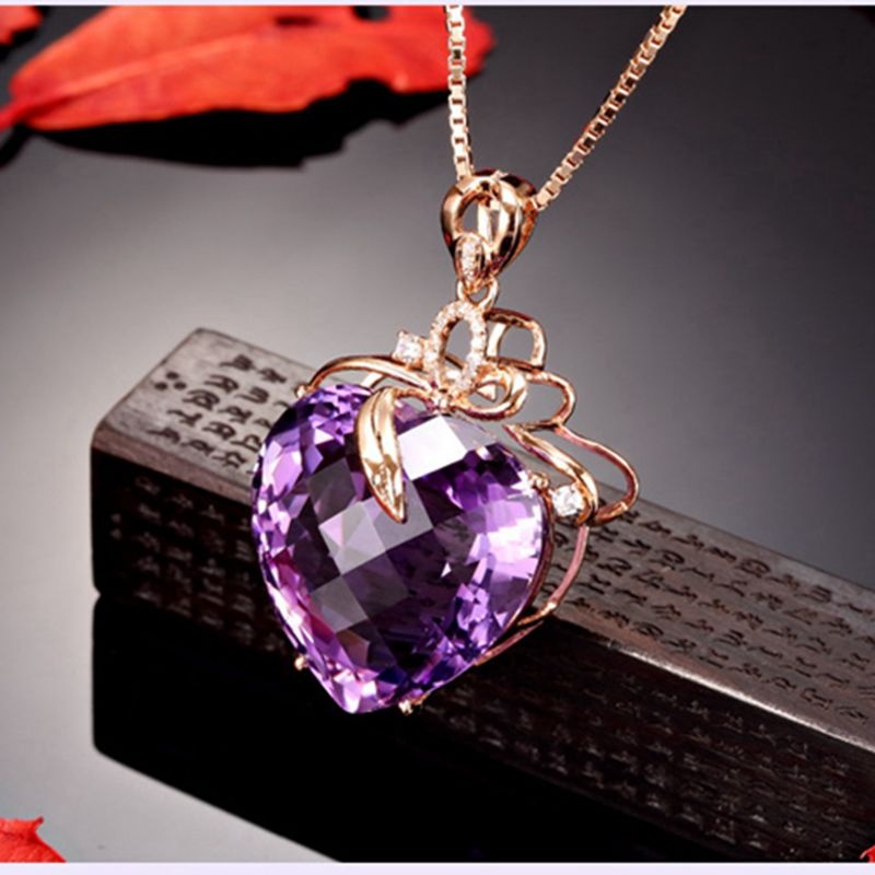 Kalung Rantai Lapis Emas 18k Dengan Liontin Batu Amethyst Bentuk Hati Untuk Wanita