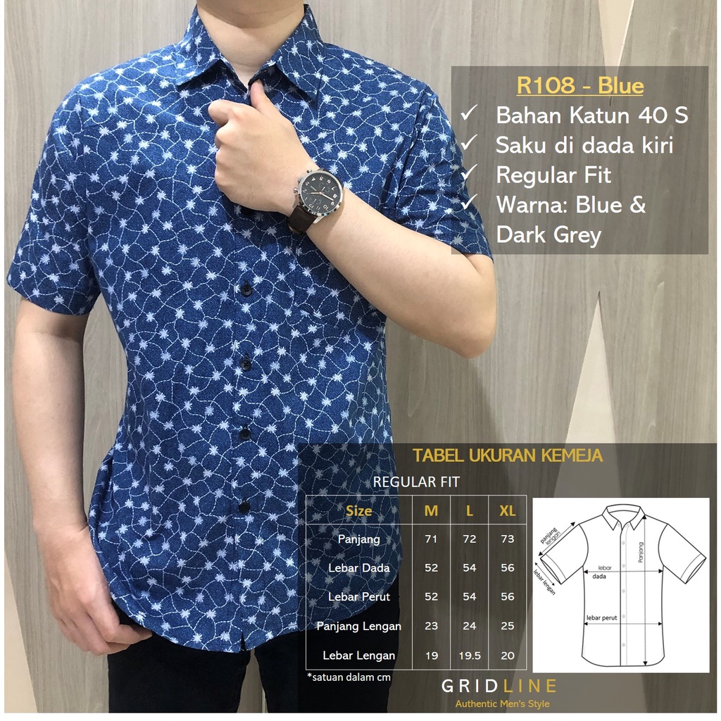 [GRIDLINE - R108 Blue &amp; Dark Grey] Kemeja Print Pria Katun Lengan Pendek Regular Print