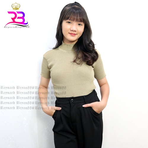 Atasan Rajut Wanita Turtleneck / Kaos Kerah Tinggi Lengan Pendek