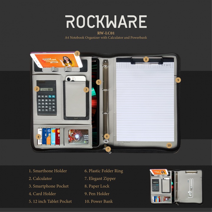 T27 ROCKWARE RW-LC01 - A4 Notebook Organizer with Calculator and Powerbank