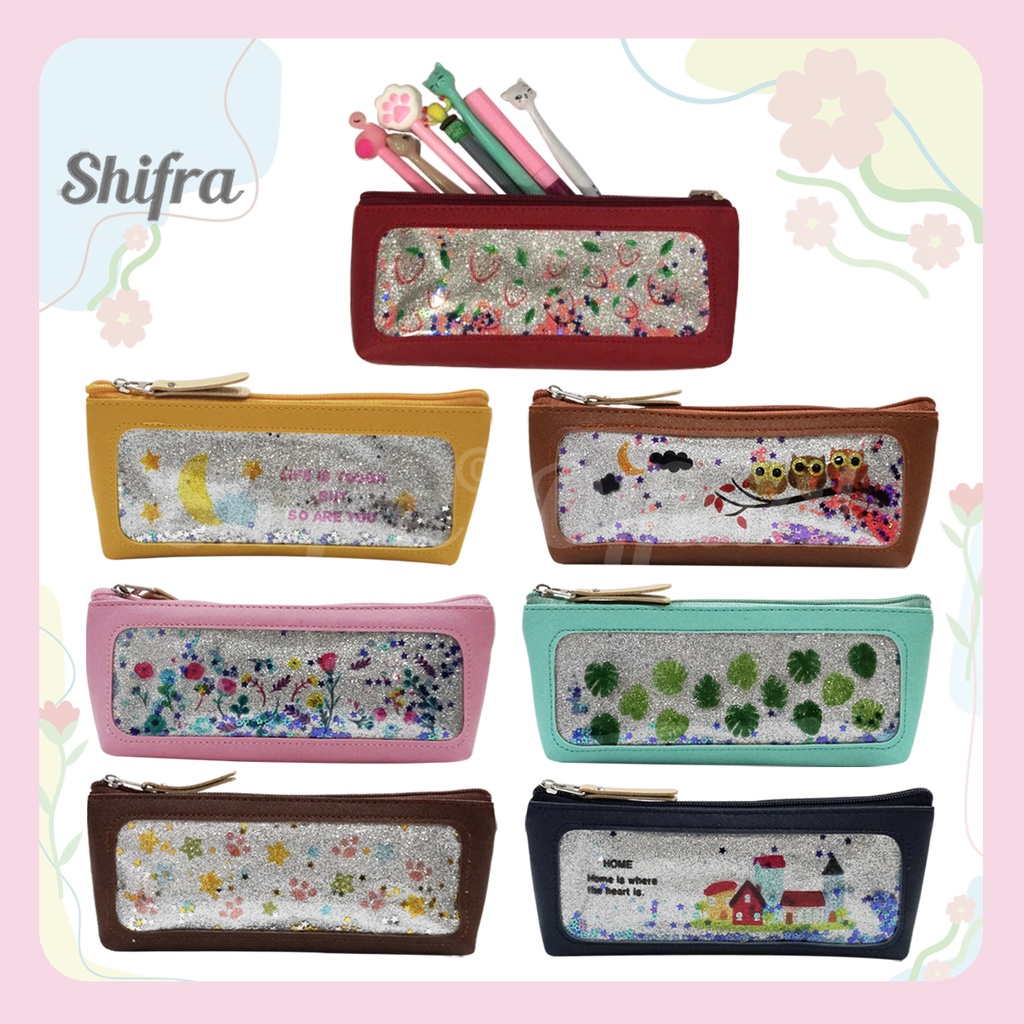 Shifra Tempat Pensil Pen Case Kotak Alat Tulis Mika Glitter Brown Pink Red Tosca Yellow