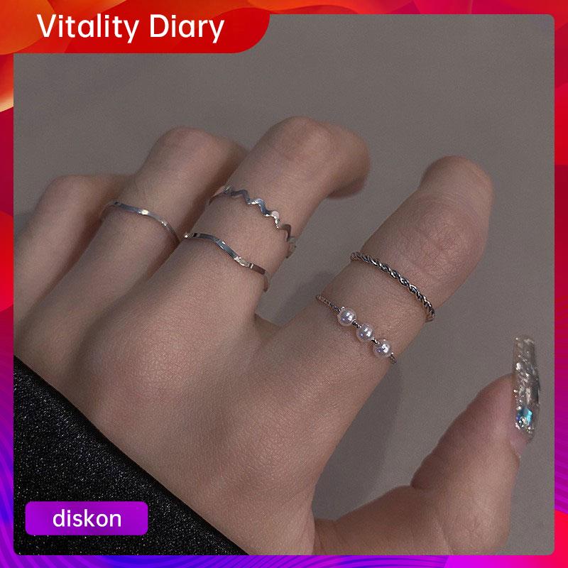 5pcs/set cincin wanita mutiara geometris gaya korea fashion aksen berlian imitasi aksesoris aksen berlian imitasi ring-2