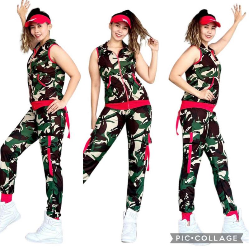 setelan olahraga wanita lekbong/ baju senam wanita motif army list merah