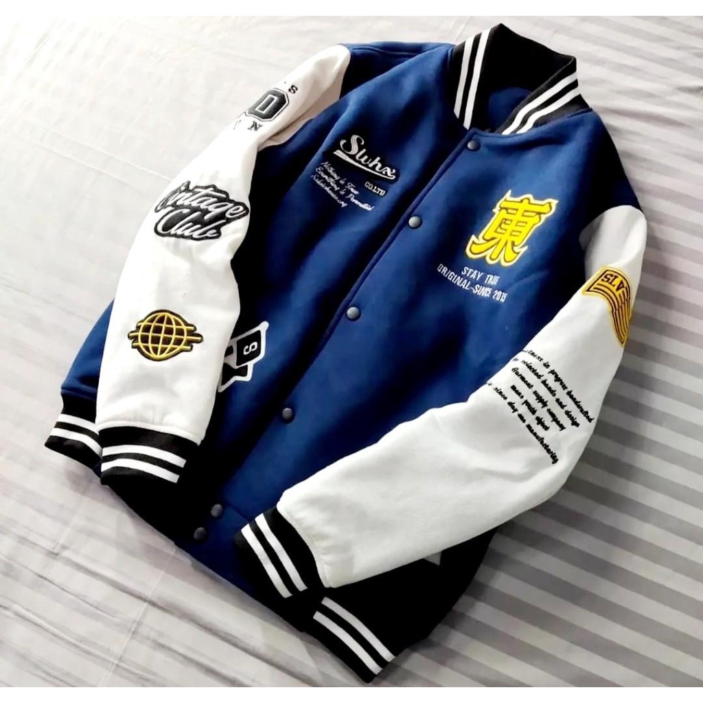 Jaket Varsity Baseball Full Bordir Pria Wanita Bahan Fleece Tebal Ukuran L XL XXL XXXL-Navy