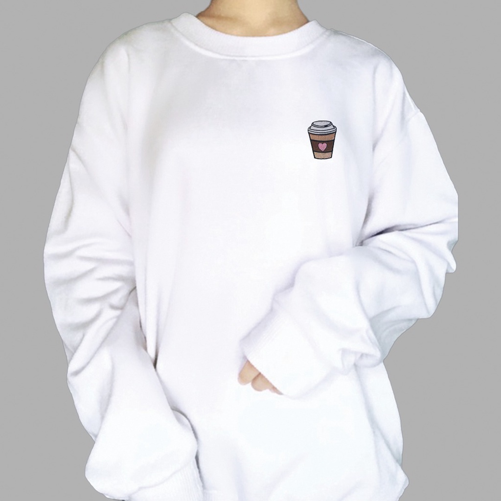 CREWNECK WANITA A CUP OF LOVE COFFEE BORDIR /// ATASAN WANITA LUCU FLEECE TEBAL HALUS KEKINIAN TERBARU''