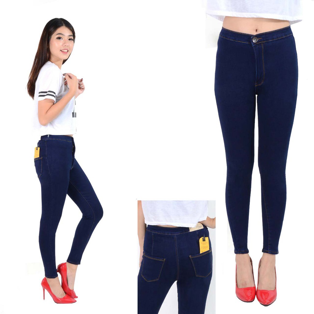 HW jeans Navy Keziya, Celana highwaist jeans high waist