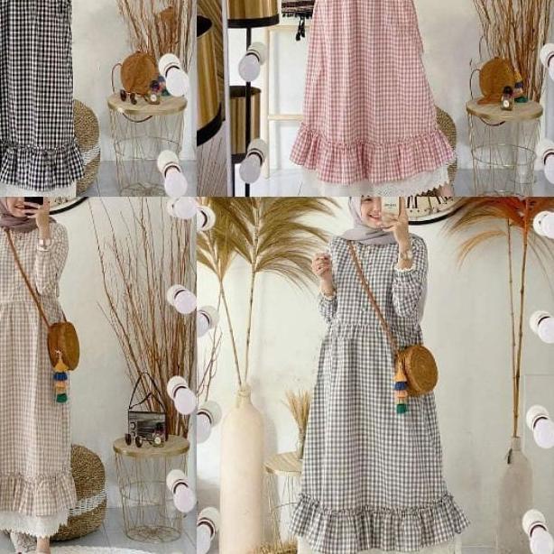 ○ [ARFA STYLE] Zeline Maxi - Dress Muslim Gamis Motif Kotak Bahan Katun Terbaru - MURAH/Bisa ✤