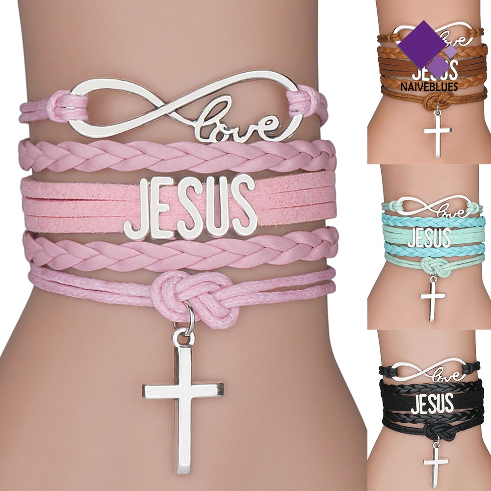 Naiveblue &gt; Gelang Tangan Tali Kepang Banyak Lapis Aksen Salib + Infinity + Love JESUS Untuk Unisex / Pria / Wanita