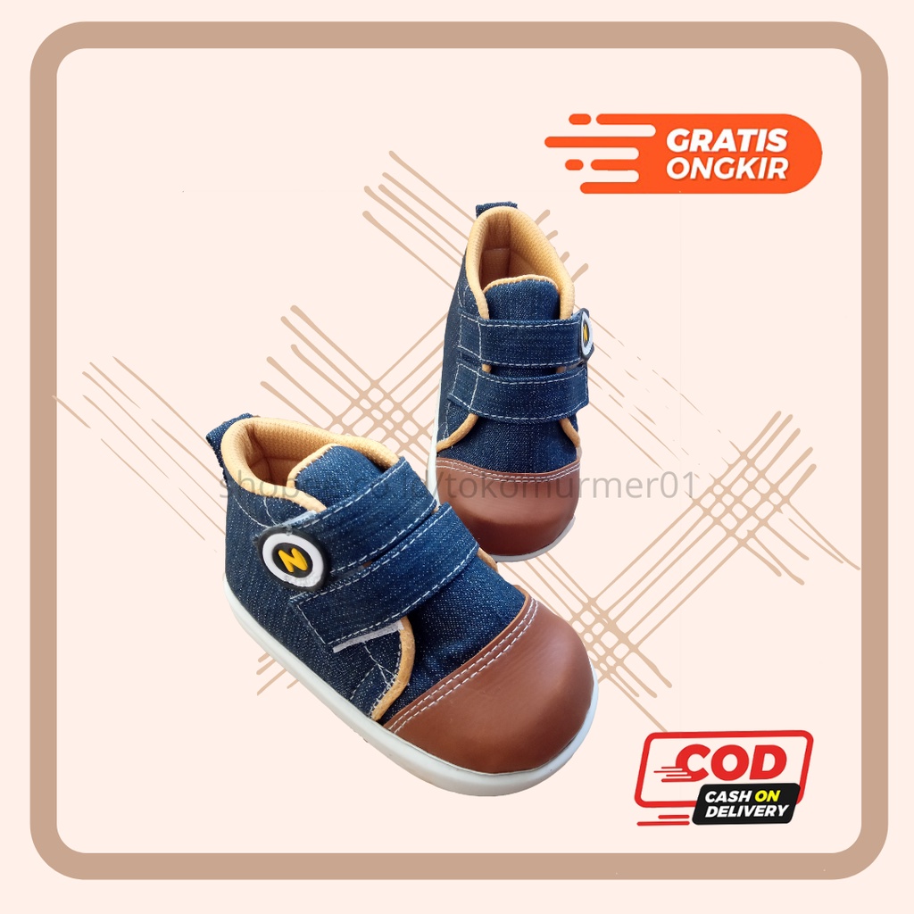 Sepatu Anak Bayi Balita Laki Laki Sneakers Jeans & Foot Ball Strip Blue Umur 1-3 Tahun | Sepatu Anak