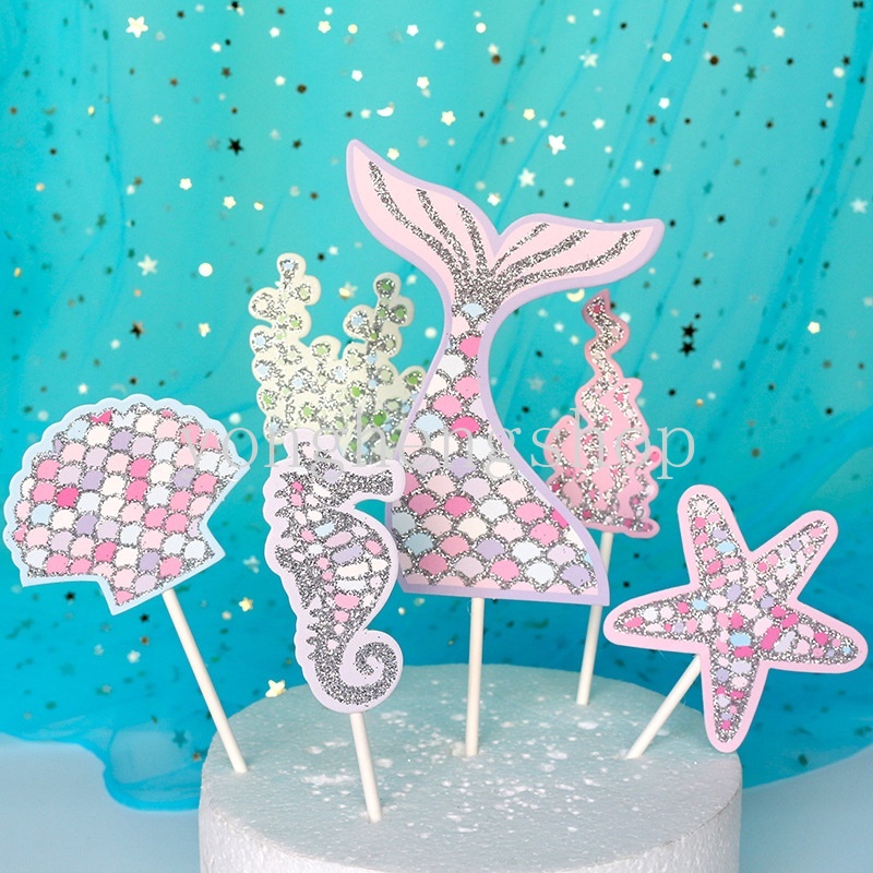 5pcs / set Topper Kue Desain Ekor Mermaid / Bintang Laut Untuk Dekorasi Pesta Ulang Tahun Anak