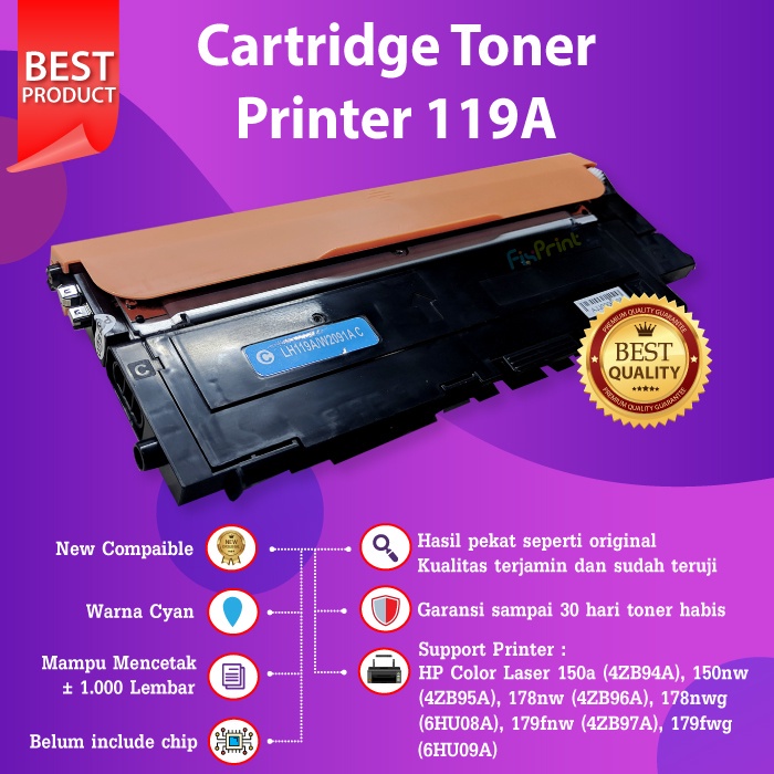 Cartridge Toner Compatible 119A HP W2090A Black W2091A Cyan W2093A Magenta W2092A Yellow 150a M178nw