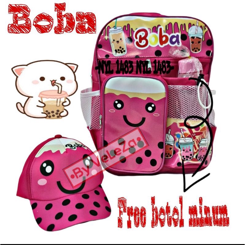 Tas Boba tas ransel anak karakter boba gratis topi botol minum - tas anak