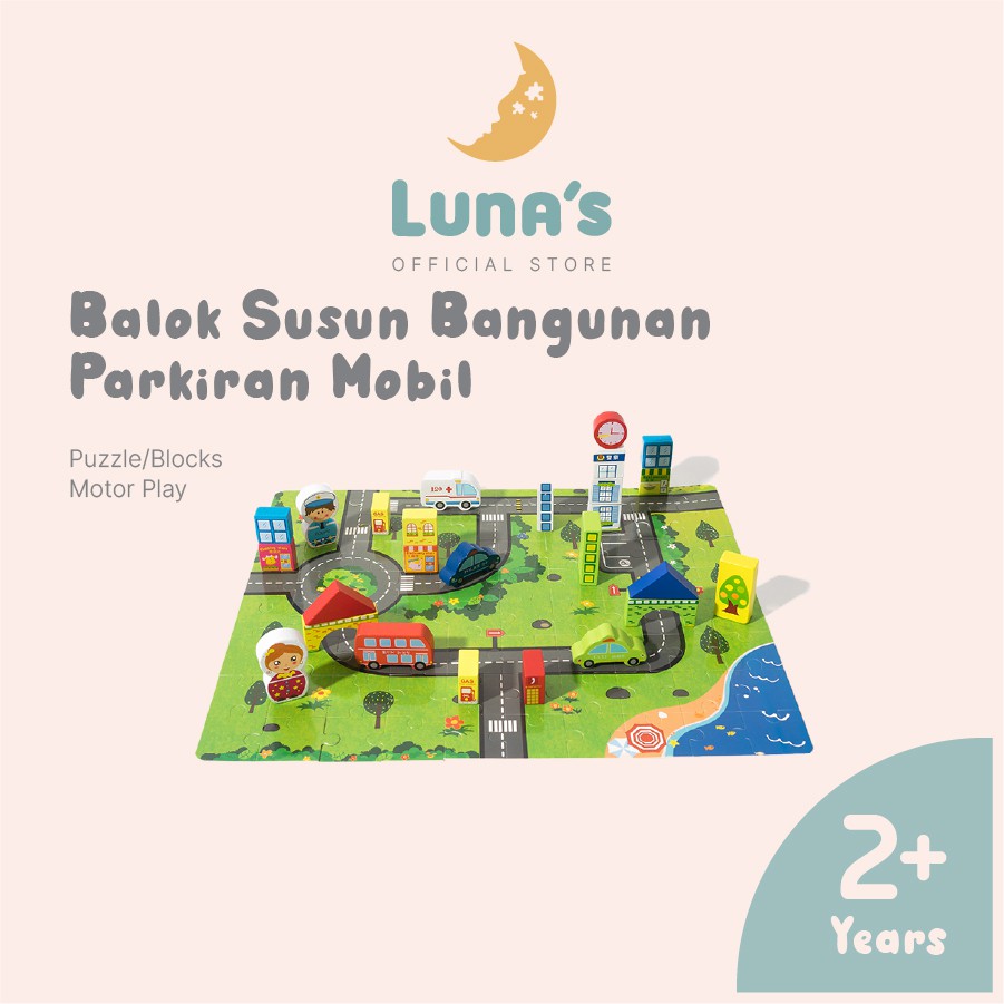 Luna's Balok Susun Balok Bangunan Kayu Kota Mobil Mobilan Puzzle Kayu Mainan Edukasi Anak