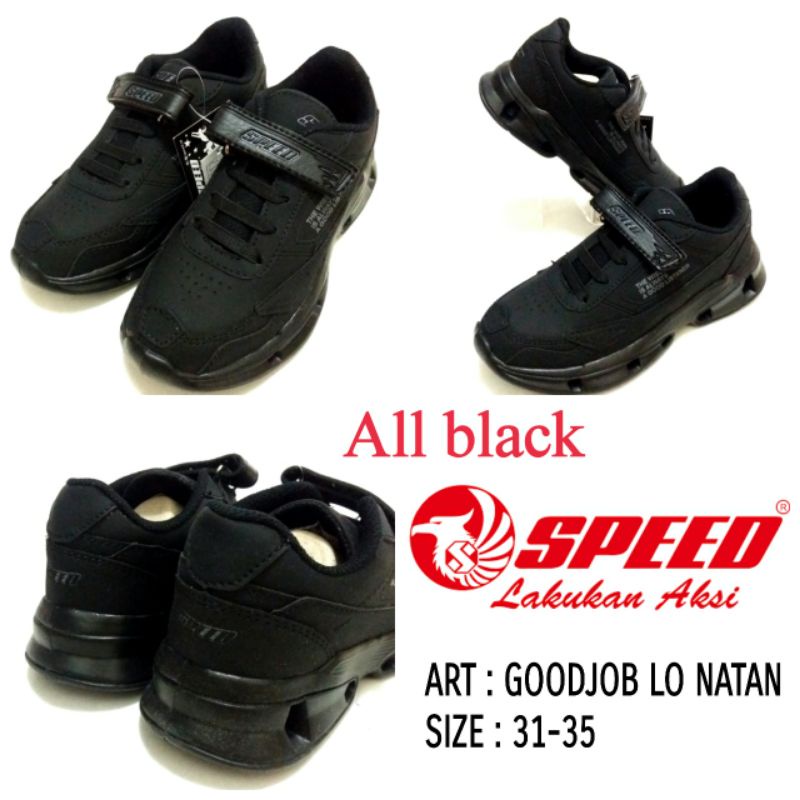 SEPATU ANAK SEKOLAH UNISEX KREKETAN ALL BLACK SPEED GOODJOB LO NATAN size 31-35