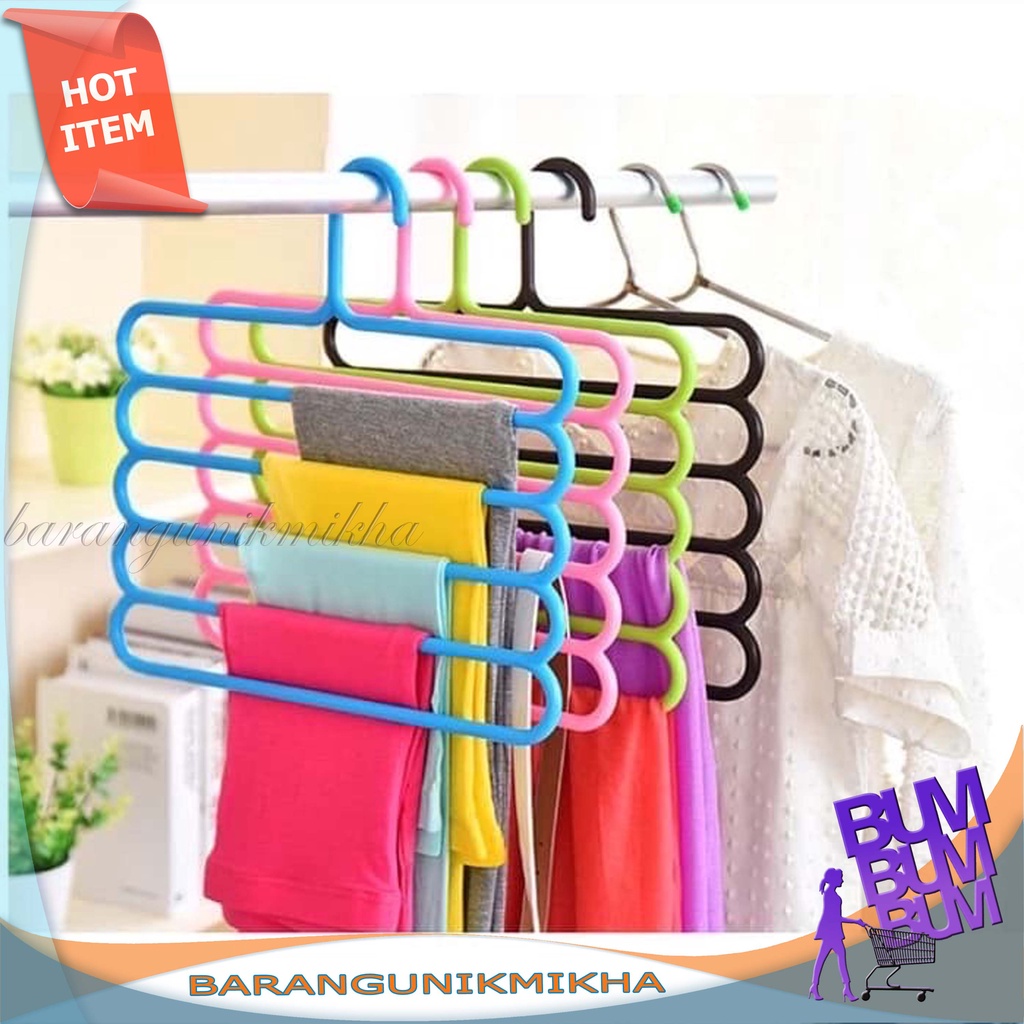 HANGER SUSUN 5 Gantungan Baju / Magic Hanger Pakaian Celana Jilbab Handuk 5 Tingkat - BUM