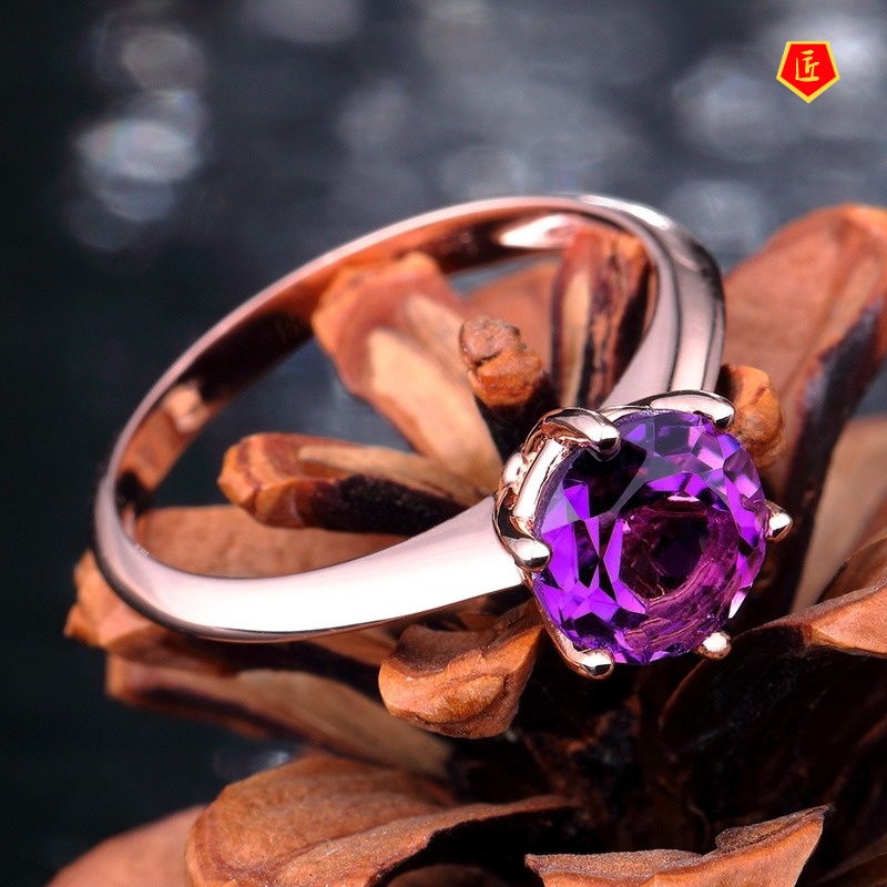 [Ready Stock]Rose Gold Garnet Colored Gems Classic Six-Claw Ring Fashion Simple Amethyst