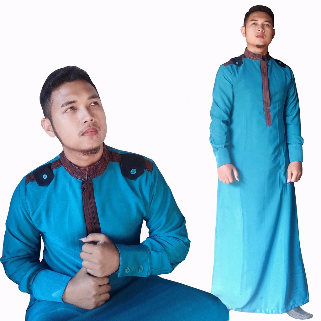 Gamis Pria Hisan Modern warna Tosca kombinasi Lurik