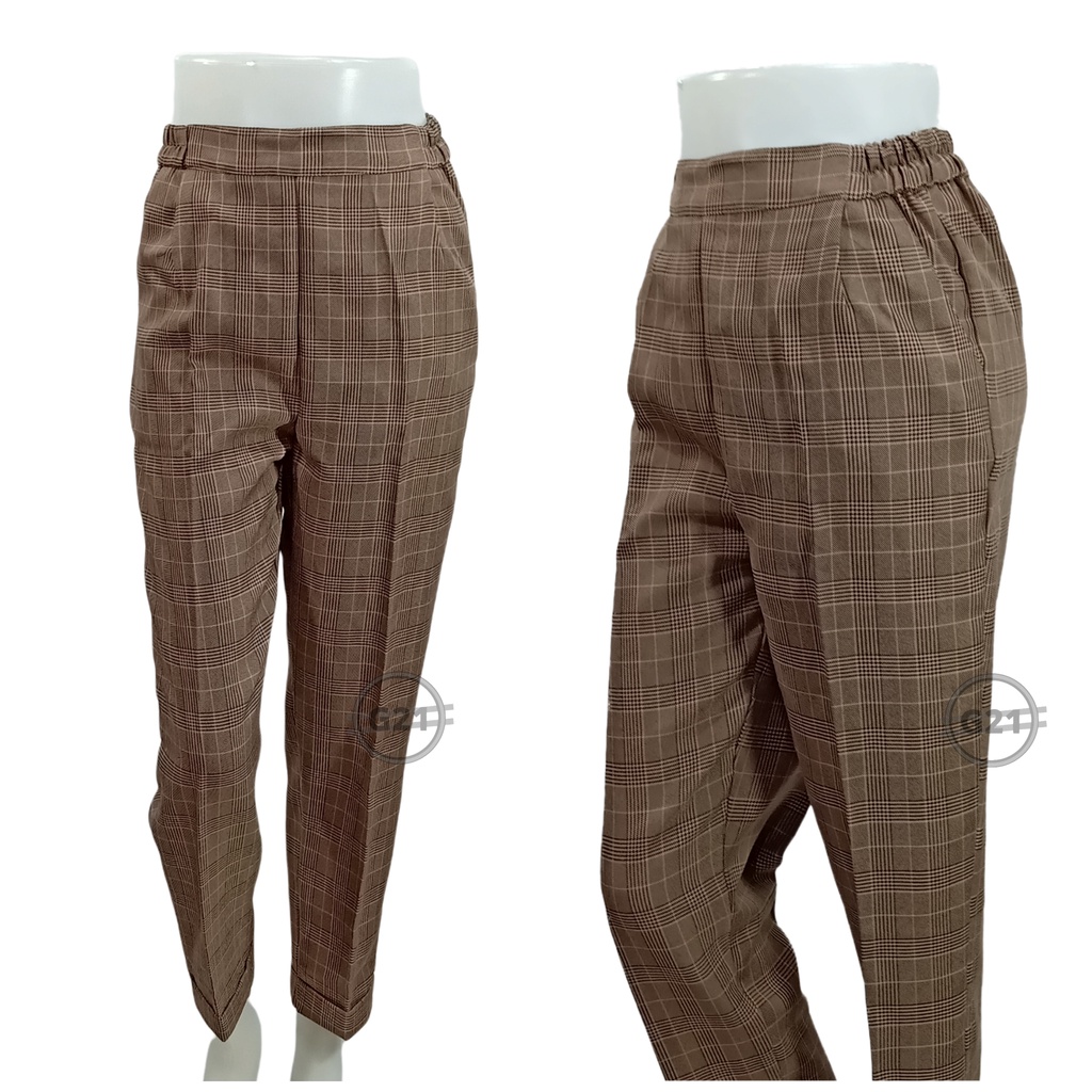 Celana Panjang Baggy Pants Tartan Kotak Wanita Korean Style Premium Pinggang Karet Model Ankle Untuk Kerja Kasual Formal