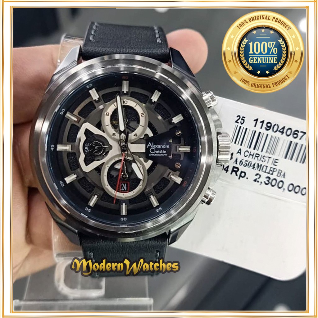 Jam Tangan Pria Ori Alexandre Christie AC 6504 Terlaris Skeleton Alexander Tali Kulit Hitam Terbaru