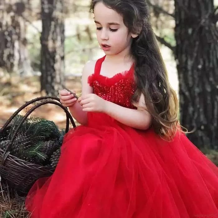 Dress Princess Gaun Pesta Anak Hiasan Sequin Halterneck Ball Gown