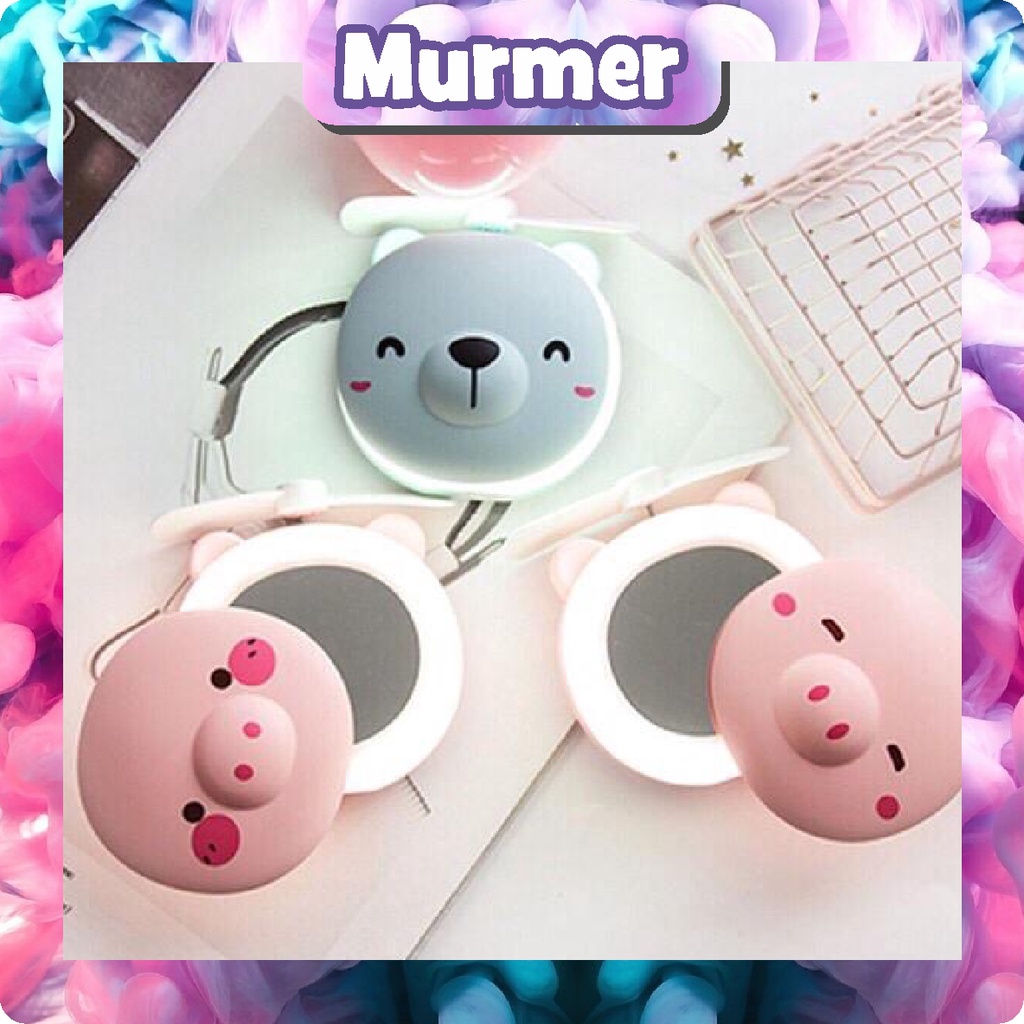 MurmerOfficial R191  Kipas Cermin Makeup LED 3in1 Karakter Mini Fan Led Mirror USB Charger Cermin Make Up Portable