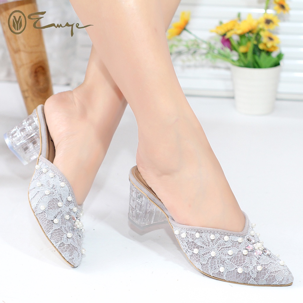 Emye Mote55 - Slop Brukat Payet Glitter Original Wanita Hak Kaca Murah/ Wedding Shoes Brukat Glitter Original/ Sepatu Wedding Brukat/ Sepatu Payet Brukat