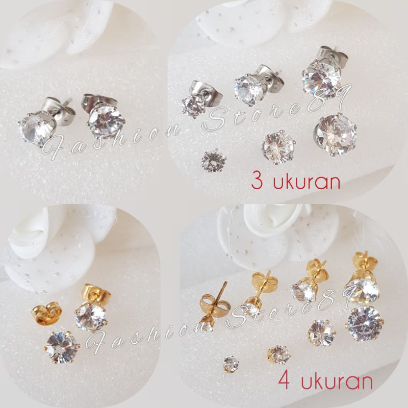 Anting tusuk permata zircon Putih Hitam Titanium Gold Silver  titanium import Antikarat selamanya