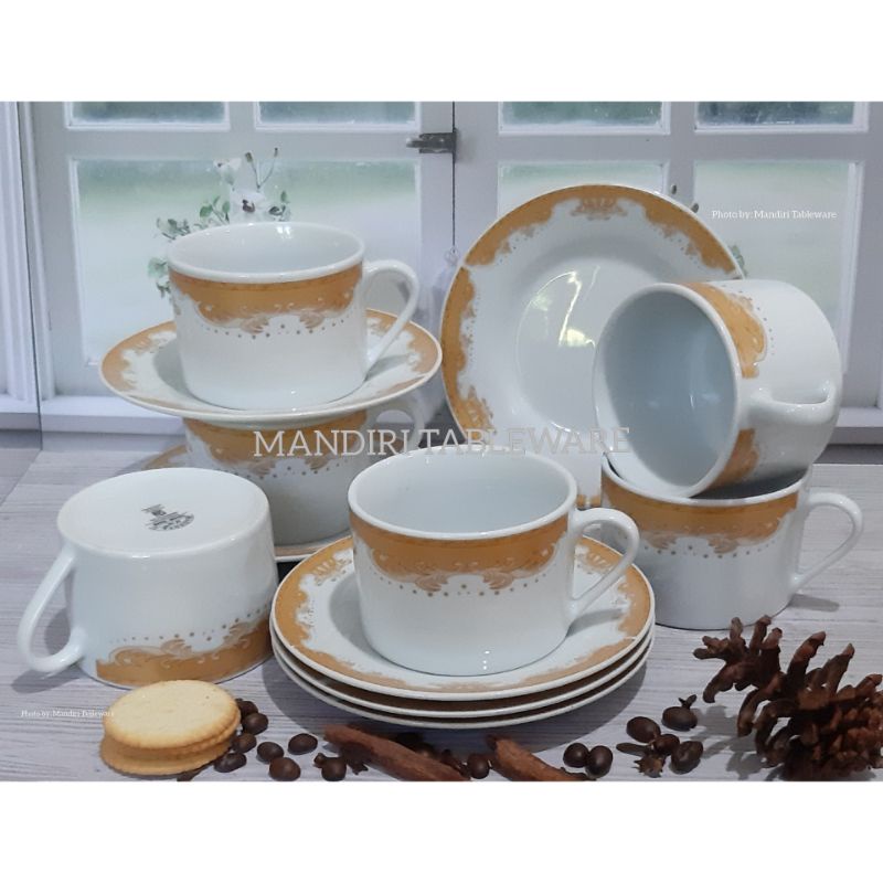 6 psg Cangkir Set Keramik Bulat | Motif Mahkota | Cangkir Kopi | Cangkir Teh