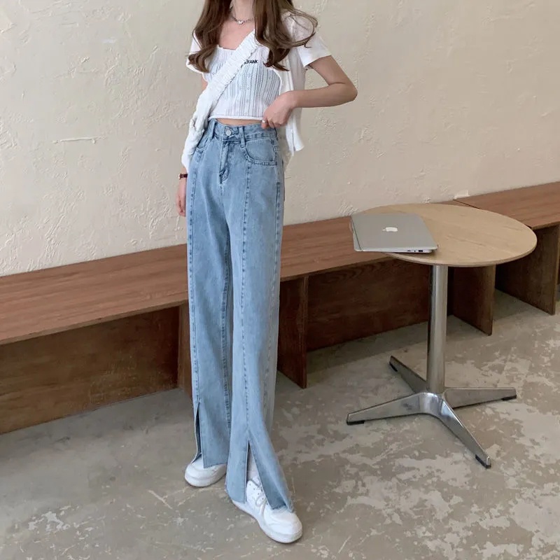 【LULU】korean style new Perpecahan biru muda highwaist Loose Slit celana jeans wanita