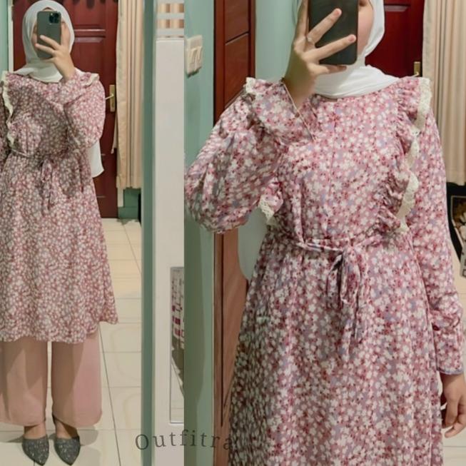 [] Tunik Ceruty Babydoll motif bunga busui friendly - Midi Dress ceruti kembang - fashion muslim