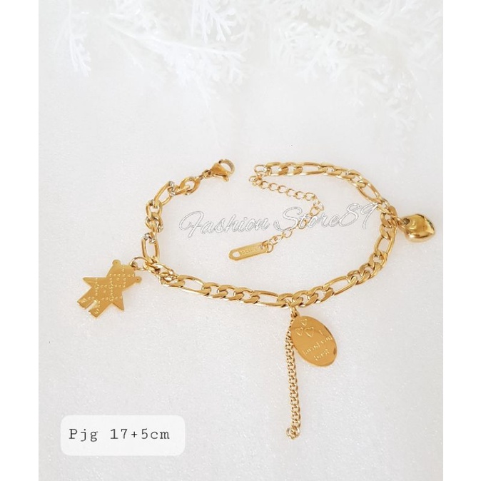 Gelang Tangan Rantai motif Bear Love Titanium Gold Antikarat Fashion Dewasa