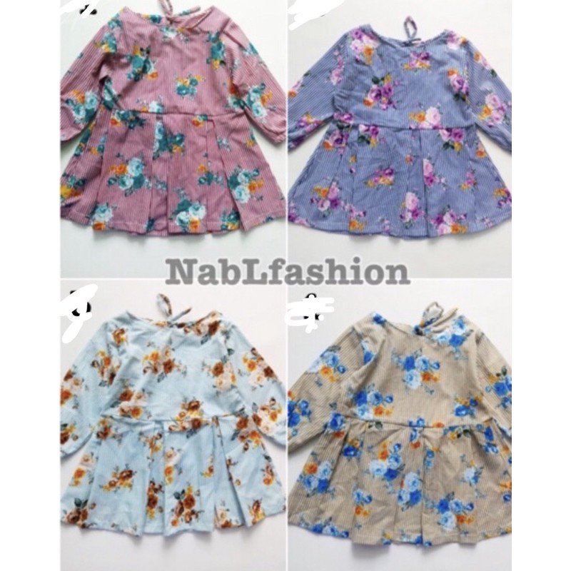 Mini dress tunik flower kids lengan panjang anak perempuan 2-4 tahun bahan katun nablfashion